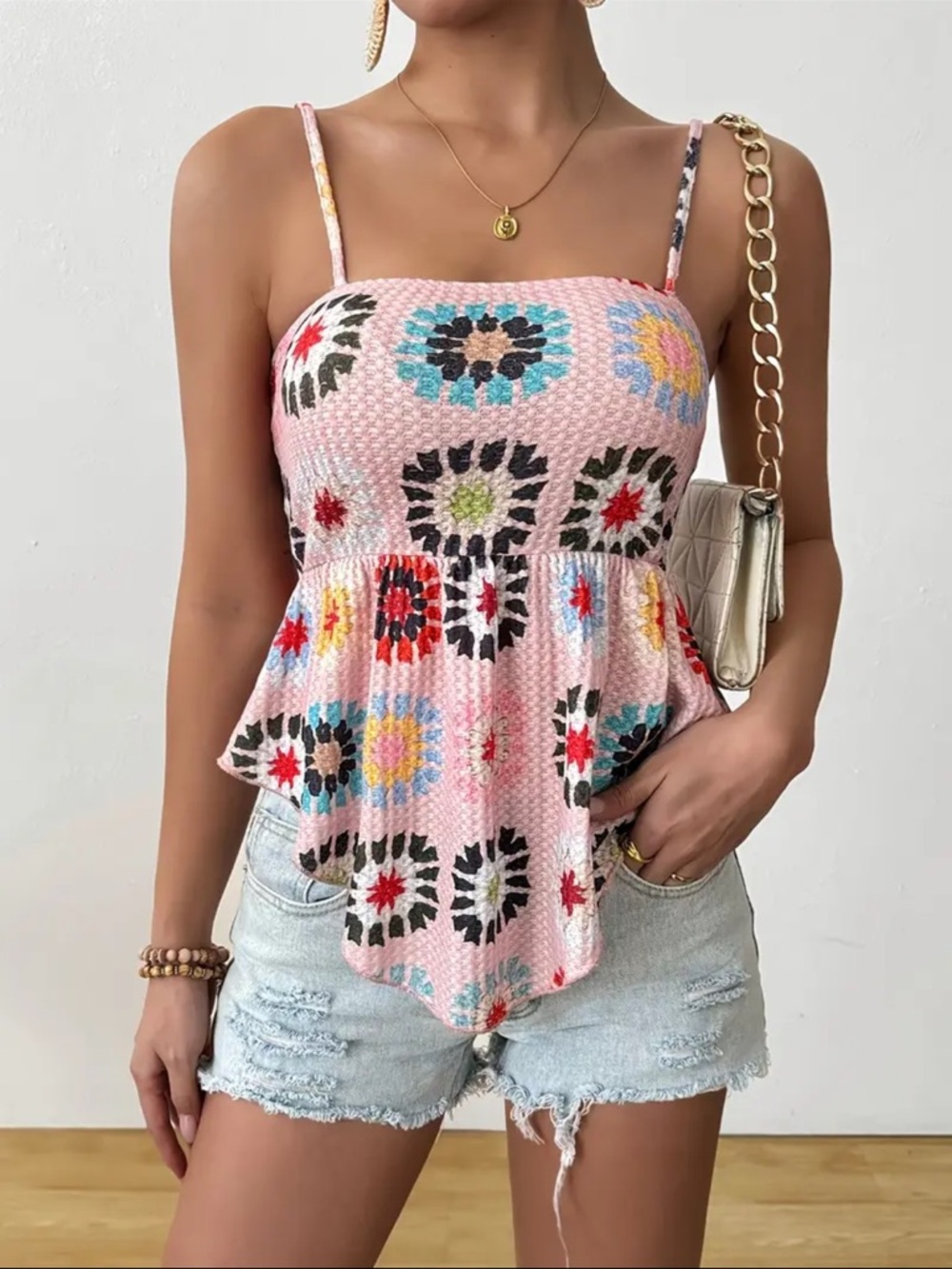 Pink Floral Smocked Peplum Tank Top with Spaghetti Straps